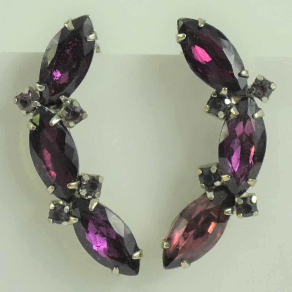 CURVED Purple Rhinestone Vintage  Clip Earrings Silvertone Navettes Chatons